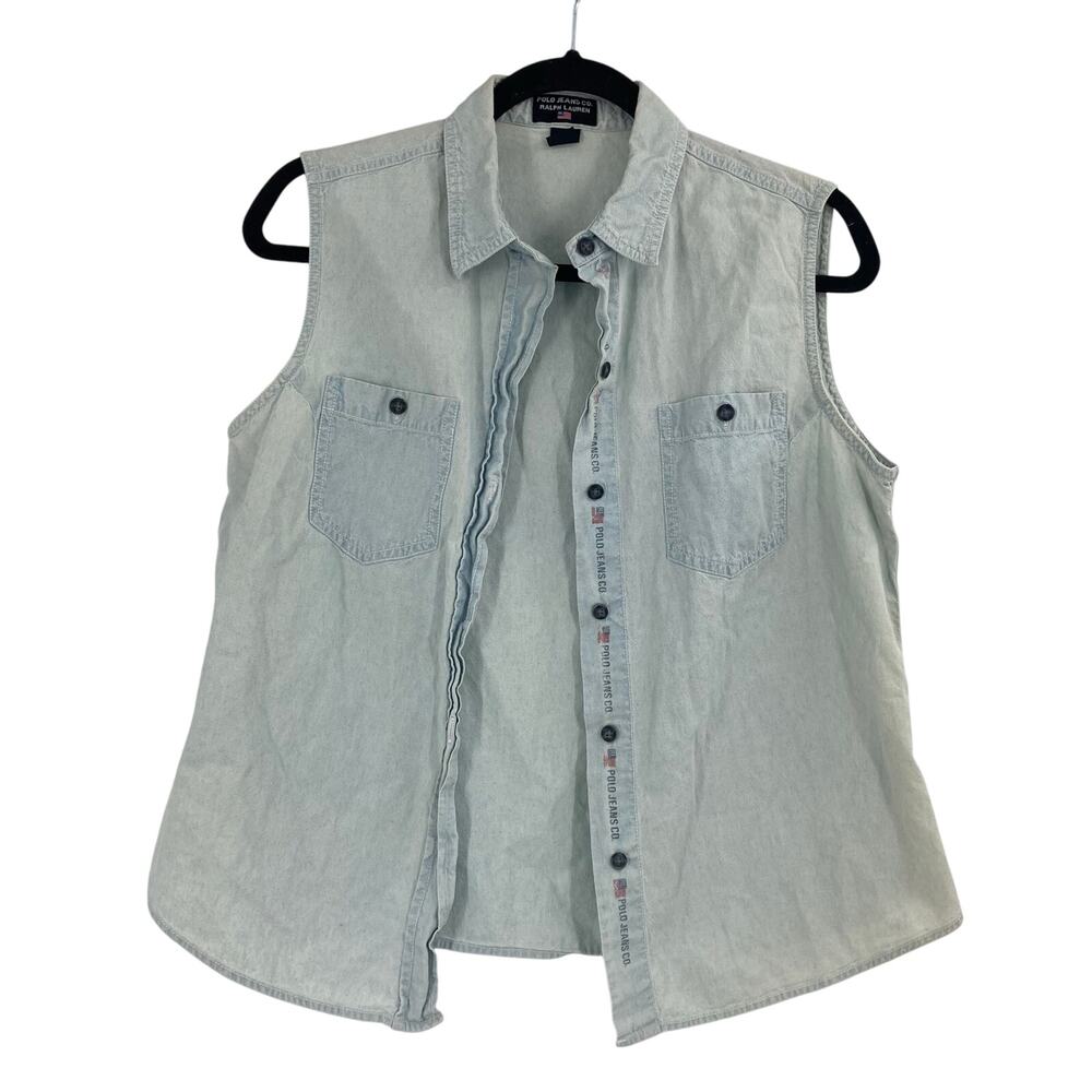 VTG Polo Jeans Ralph Lauren Light Chambray Sleeveless Button Up Shirt Cotton L